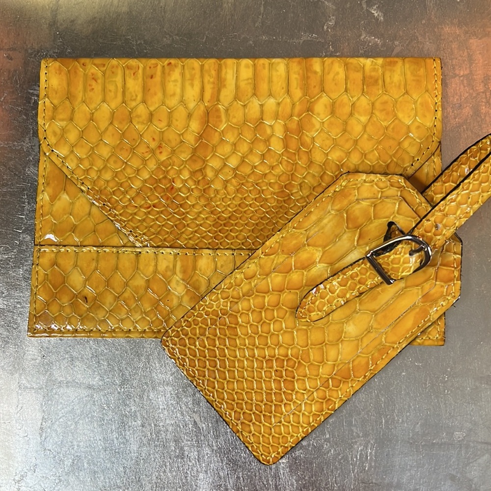 Raika yellow snakeskin leather luggage tag/matching photo envelope available-NWT